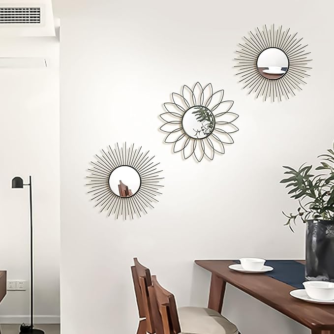 3 Pack Metal Mirrors for Wall Sunburst Wall Mirrors Home Décor Decorative Hanging Wall Art for Living Room Bedroom Entryway (Black2, Flower+Sunburst)
