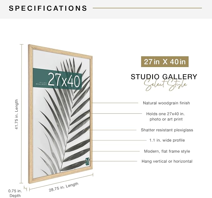 MCS Studio Gallery Movie Poster Frame 27x40 Natural Woodgrain Engineered Wood, Vertical & Horizontal Wall Hanging Large Picture Frame for Photos, Artwork & Custom Posters (1-Pack)