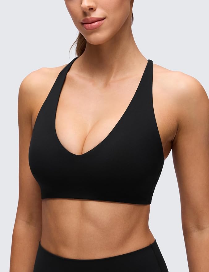 CRZ YOGA Butterluxe V Neck Twist Cross Back Sports Bras for Women - Adjustable Spaghetti Straps Padded Crop Yoga Top