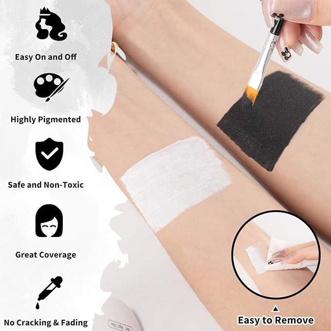 TonJin Black + White Face Body Paint Set 3.5oz/100g, Non-Toxic Professional Facepaint Makeup Kit with 2 Brushes for Art Theater Halloween Party Cosplay Clown Corpse Goth SFX Makeup