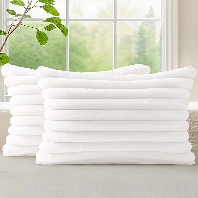decorUhome Fall Faux Fur Throw Pillow Covers 12x20 Set of 2 White | Decorative Soft Cozy Striped Plush Modern Farmhouse Boho Couch Pillow Cases Velvet Back for Sofa Bed Living Room Home Decor