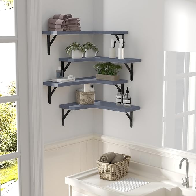ROMGUAR CRAFT Corner Floating Shelves Wall Mounted Set of 4, Rustic Wood Storage Display Shelves for Home Decor, Bathroom, Kitchen, Bedroom, Living Room, Office (Grey)