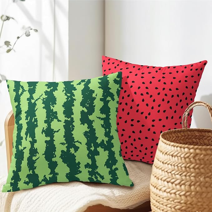 Watermelon Pillow Covers 16X16 Inch Set of 2 Summer Fruits Decorative Pillow Cases Green Red Stripes Cotton Linen Cushion Case Farmhouse Modern Home Decor for Sofa Couch Bedroom