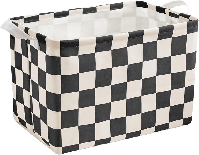 Ohocut Beige Black Checkered Canvas Basket, Rectangular Organizing Decorative Storage Basket for Kids Dog Toy, Cute Aesthetic Race Cars Boy Room Decor for Home, Kitchen, Bedroom, Classroom, Shelves