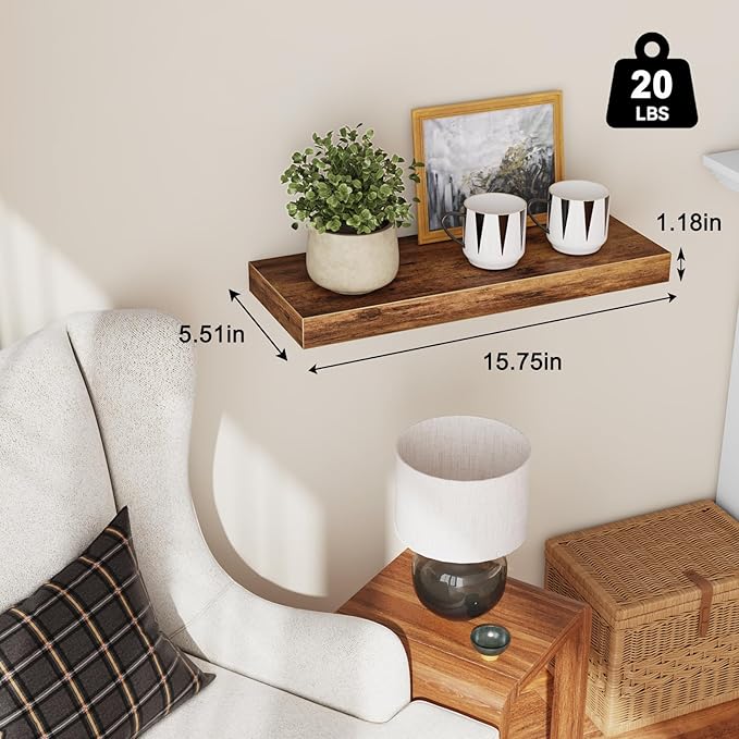 Fixwal Floating Shelves for Wall Decor (Rustic Brown, Set of 2, 15.7 Inch) | MDF Shelves with Metal Brackets, Space Saving for Books, Decor, Works in Bathroom, Kitchen, Living Room, Bedroom
