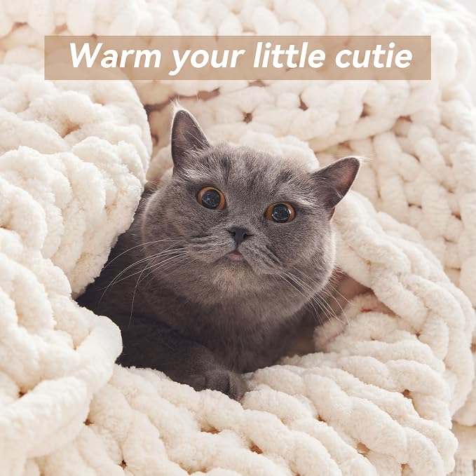 Negwoo Chunky Knit Throw Blanket, Knitted Throw Chenille Yarn, 80"*90" | Soft Thick Cable Knitted Blankets, Handmade Big Thick Blanket, Machine Washable Cute Comfy Blanket for Home Decor,Cream White