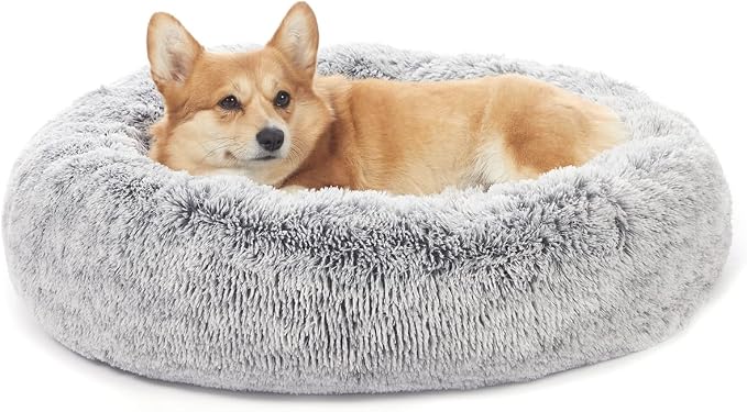 Bedfolks Calming Donut Dog Bed, 30 Inches Round Fluffy Dog Beds for Medium Dogs, Anti-Anxiety Plush Dog Bed, Machine Washable Pet Bed (Dark Grey, Medium)