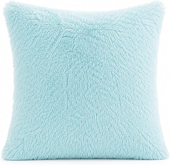 REAFORT Long Hair Faux Fur Euro Sham Cover 26"x26", Hidden Zipper(Aqua) | Ultra-soft plush faux fur with a hidden zipper adds luxurious comfort and is machine washable for easy care.
