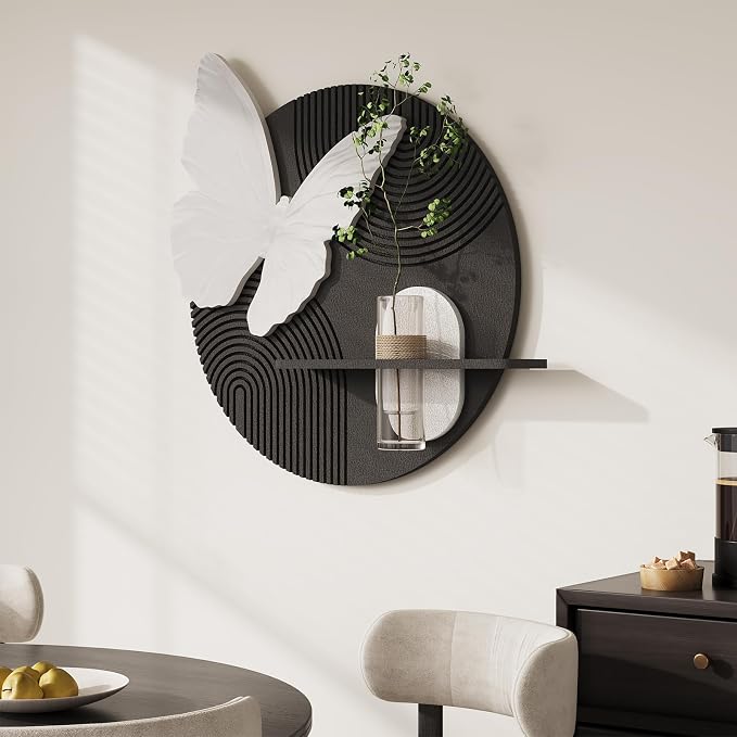 3D Black and White Modern Minimalist Butterfly Wall Art Decor, 24x24 Inch | With vase, Textured, Round, Geometric, Artwork for walls, Sandstone texture, Wall art for living room, Dining room, Hallway