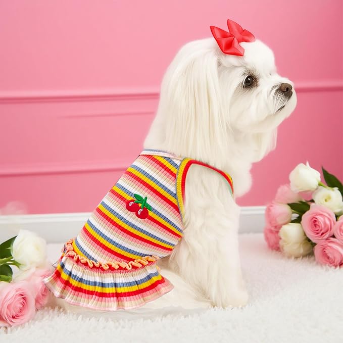Cute Small Dog Dress Girl Female Dog Clothes Spring Summer Pet Puppy Cats Striped Dress Outfits for Shih Tzu Yorkies Chihuahua Maltese(Cherry Orange,Large)
