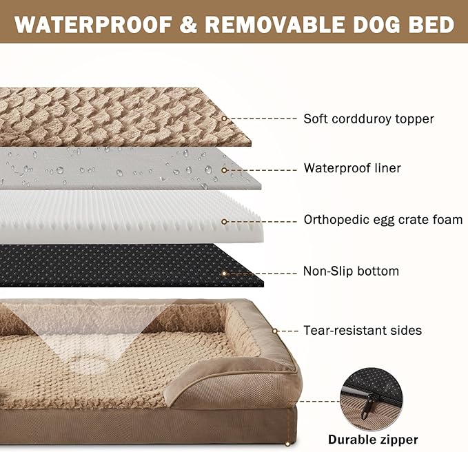 Orthopedic Dog Beds Large Sized, XL Washable Dog Sofa with Egg-Crate Foam, Waterproof Lining and Non-Skid Bottom