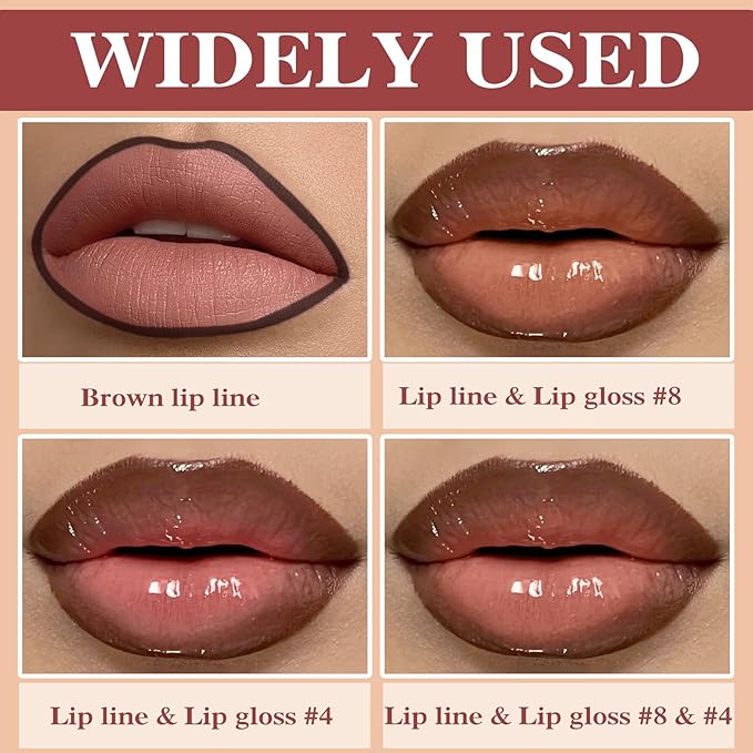 2 Colors Nourishing Lip Gloss & Liner Combo, Non-Sticky Lip Plumper with Natural Nude Tinted Lip Oil, Moisturizing Lightweight Lip Kit for Women, Long Wear Shiny Lip Gloss with Lip Liner Set