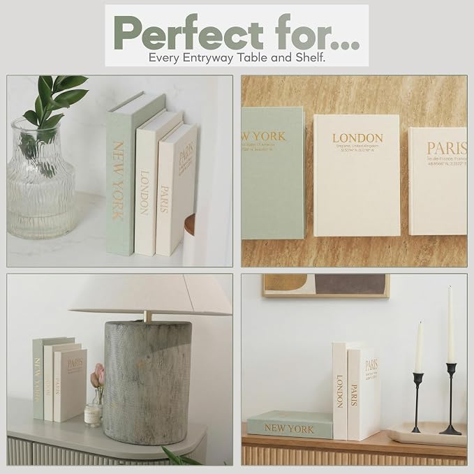 Faux Book Storage Box Set of 3—Green/Beige/Beige—Decorative Faux Books with Hidden Storage for Coffee Table Decor, Bookshelf or Mantle—Linen Decorative Boxes—Aesthetic Book Decor for Home