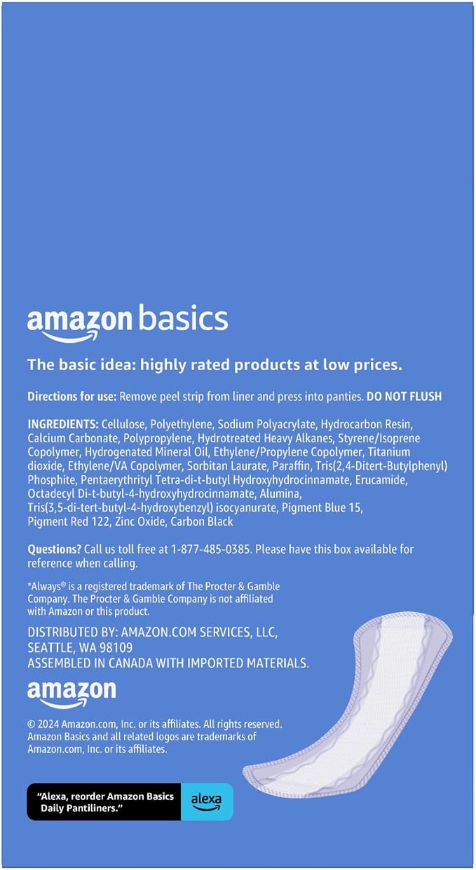 Amazon Basics Daily Pantiliner, Long Length, Feminine Pads for Women, Unscented, Leakage Protection, 40 Count (Previously Solimo)