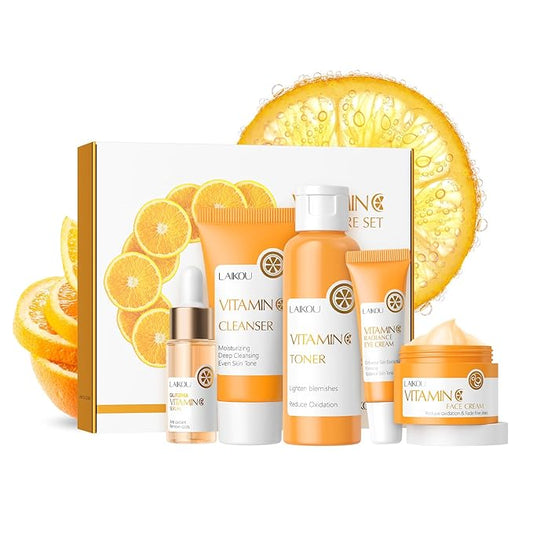 LAIKOU Vitamin C Skin Care, Skin Care Set with Cleanser, Toner, Serum, Eye Cream, Face Cream for Women Teen Girls Mom Daughter Mother's Day Christmas Birthday Beginner Kit TSA-friendly 5pcs