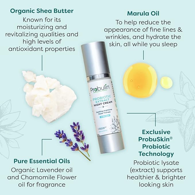 Probulin Probiotic Extract Face Moisturizer Night Cream, Women's Nightime Moisturizing Skin and Facial Care with Marula Oil, 1.69 oz