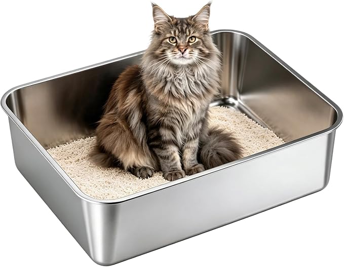Stainless Steel Cat Litter Box, Free Metal Litter Box with High Sides Lid, Open Top Litter Pan Include Scoop