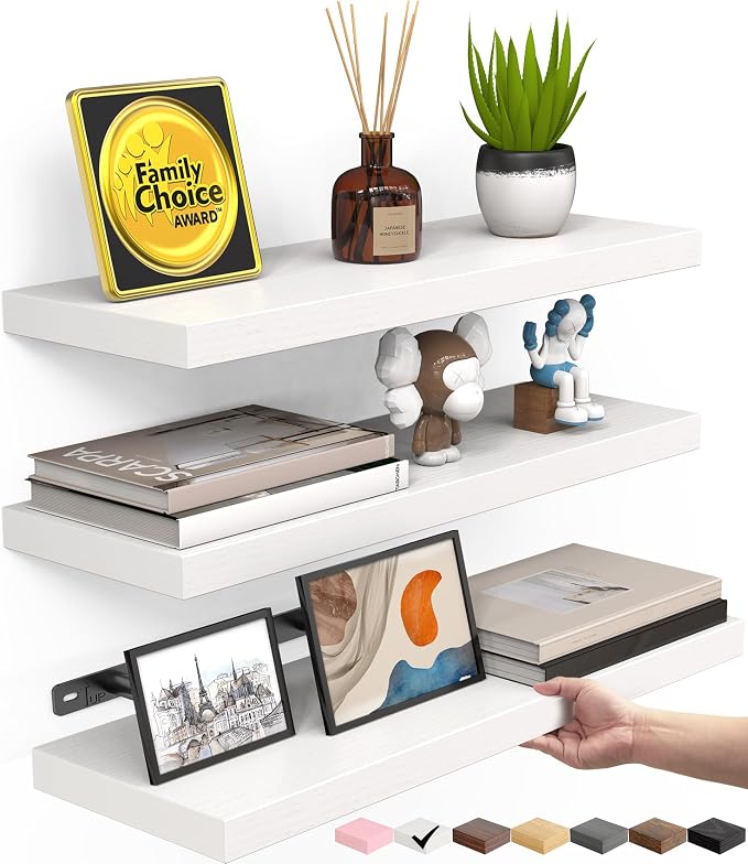 BAYKA White Floating Shelves 15.7in, Set of 3, Wall Mount Rustic Wood Shelf | 22lbs Max Load, Hidden Bracket, for Bathroom Bedroom Kitchen Display Storage Decor, Easy Install, Multi-Wall Compatible