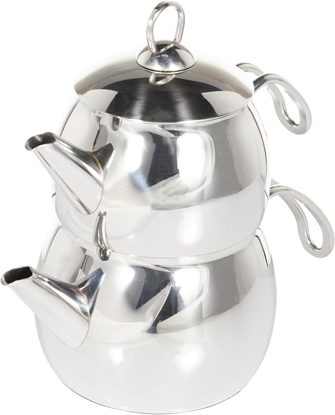 Karaca Belinay Teapot Set Medium Silver, 18/10 Stainless Steel, Teapot/Lid (1 lt, 2.2 lb), Tea Kettle (1.6 lt, 3.5 lb), Suitable for Induction, 2 Years Warranty