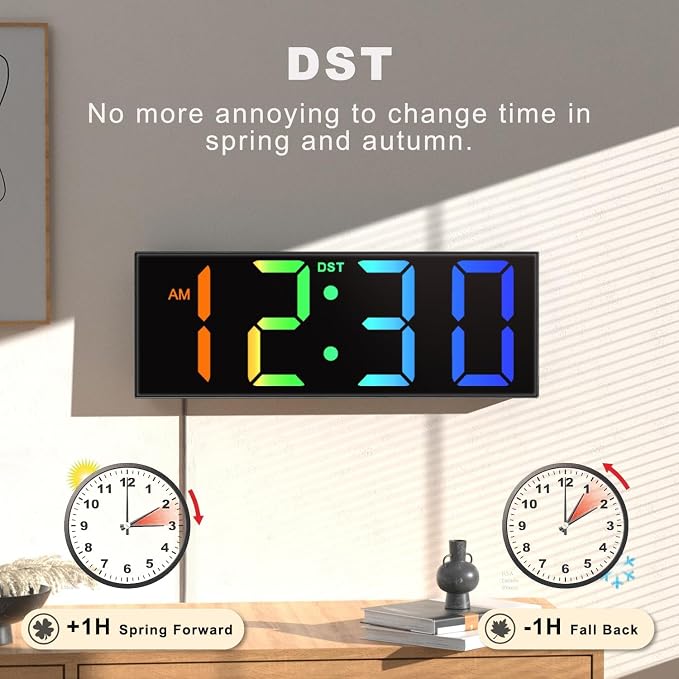 JALL Digital Wall Clock Large Display with Big LED Numbers, Remote Control, 8 RGB Colors, Auto DST, Night Light for Classroom Living Room Bedroom Birthday Gift for Senior, Men Women (Black)