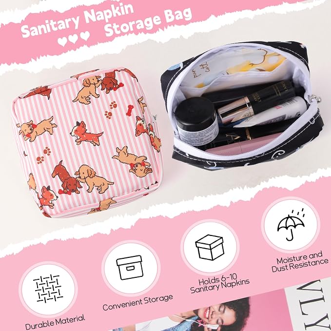 Sanitary Pad Storage Bag Portable Period Bag for Teen Pads/Sanitary Napkins/Small Tampons, Sanitary Napkin Storage Bag First Period Gifts for Teen Girls (Black-White Cats)