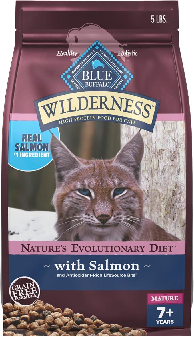 Blue Buffalo Wilderness Salmon Adult 7+ Dry Cat Food, Grain-Free, 5 lb | High Protein, Real Salmon #1 Ingredient, Supports Immunity with Antioxidant-Rich LifeSource Bits, Natural Ingredients