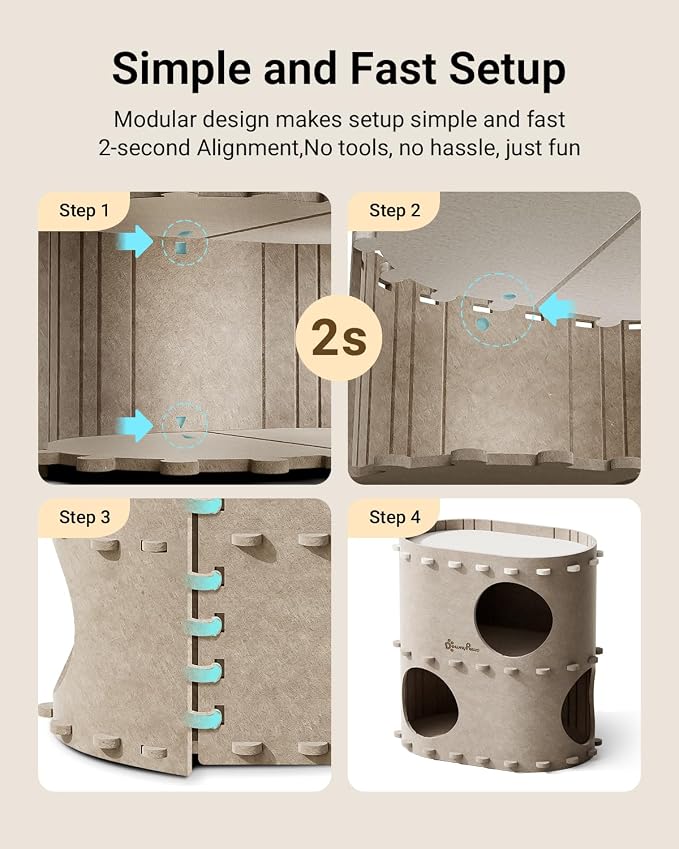 DownyPaws Cat House for Indoor Cats, 2-Storey Cat Bed Cave, Cream | Cat Hideaway Enclosed Bed,Cave Hideout Fort,Kitten Houses for Large Cats,Hide Box Bed Multicats Scratch Resistant