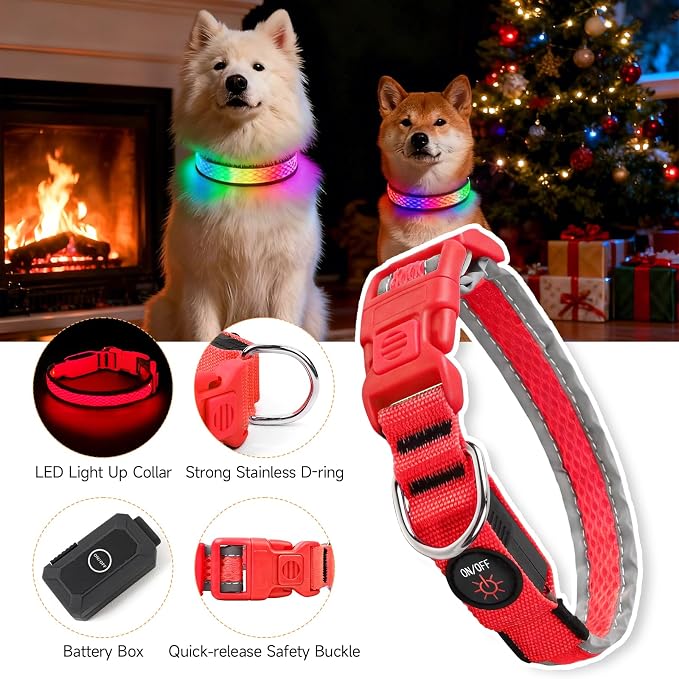 LED Dog Collar, Light Up Dog Collar,for Night Walking(Large,Red) | Adjustable,Bright RGB 7 Colors Light Glowing Collar,Waterproof,Nylon,Soft,For Medium and Large Dogs,USB C to Charge