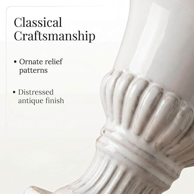 The Bridge Collection White Porcelain Greek Pedestal Urn Planter Vase | Antique Style Plant Pot Garden Accessory for Contemporary Cottage Vintage Decor Indoor Outdoor Home Decoration