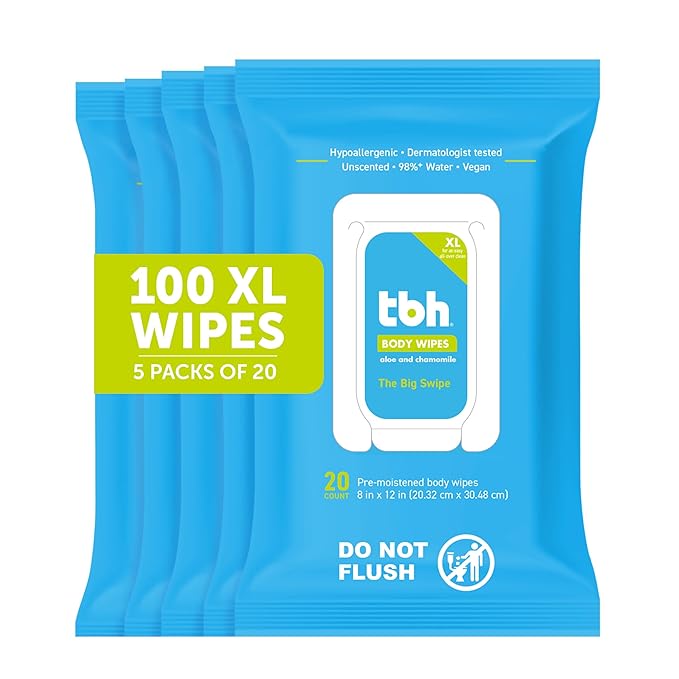 TBH Kids XL Wipes for Kids and Teens –Extra Large Wipes, Alcohol Free Disposable Washcloths, Unscented Cleansing Cloths for Teen Girls & Boys – 5 pk (100ct total)