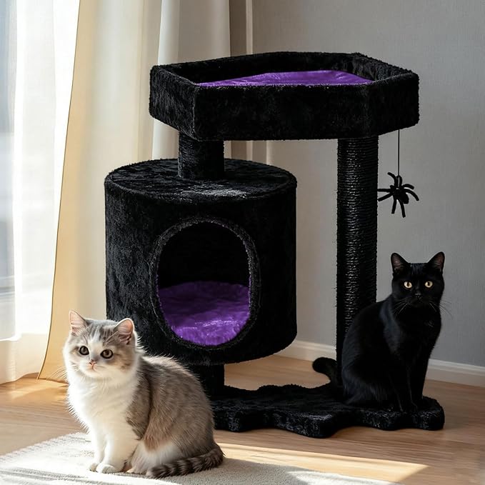 BEWISHOME Cat Tree for Indoor Cats, Gothic Cat Tree with Coffin Bed | Goth Cat Tree Tower with Scratching Posts/Board, Cat Condo/House/Shelves for Kittens, Spider Toy, Black and Violet Small