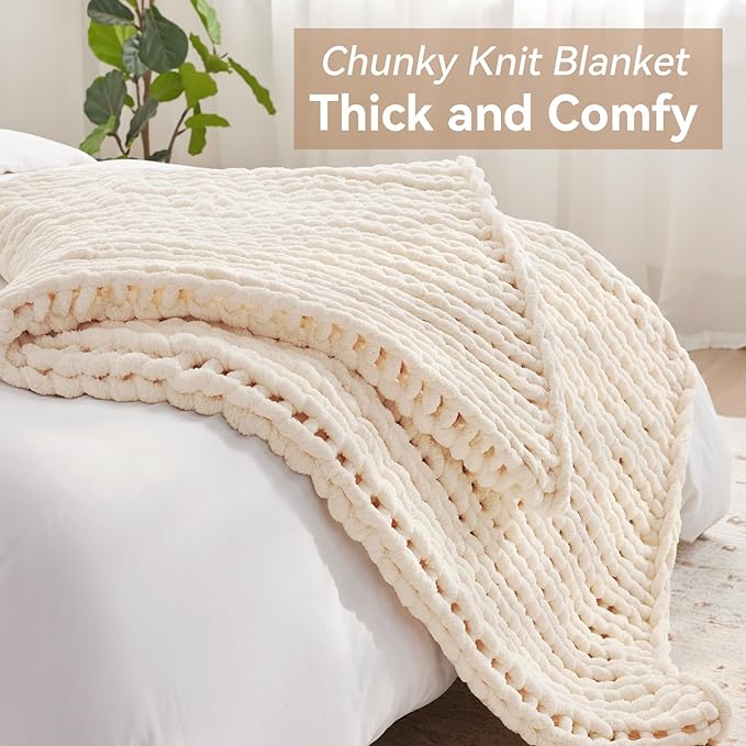 Negwoo Chunky Knit Throw Blanket, Knitted Throw Chenille Yarn, 40"*50" | Soft Thick Cable Knitted Blankets, Handmade Big Thick Blanket, Machine Washable Cute Comfy Blanket for Home Decor,Cream White