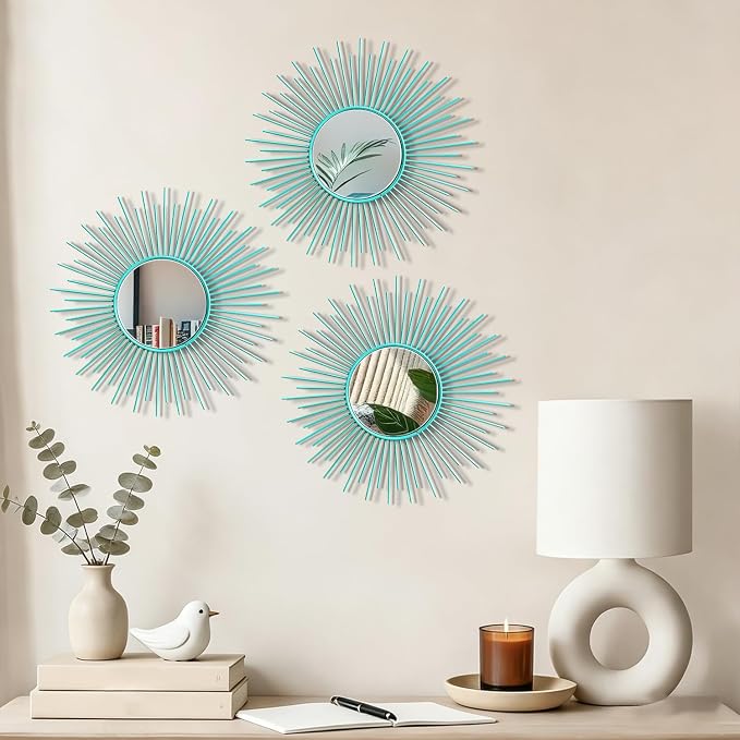 3 Pack Metal Mirrors for Wall Sunburst Wall Mirrors Home Décor Decorative Hanging Wall Art for Living Room Bedroom Entryway (Greenish Blue, Sunburst)