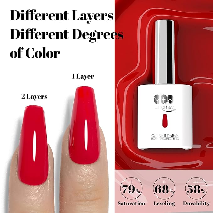 YTD Likomey Bright Red Gel Nail Polish,15ml Salon Home DIY Manicure and Pedicure Fall Winter Soak Off UV Color Varnish,CS446