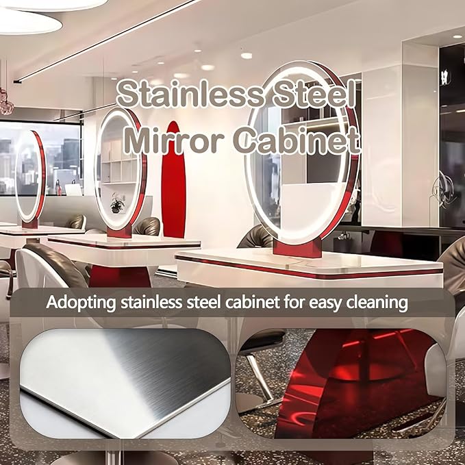 2-Person Salon Station for Hair Stylist with Retro-Futuristic Style, Barber Station includes LED Round Mirror, Red Metal Design, for Beauty Salon