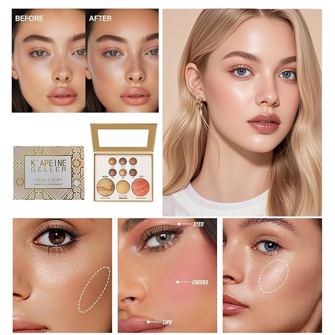 K'APEINE All in One Baked Makeup Palette, Dark Brown Eyeshadow, Blush Highlighter & Bronzer Face Kit Neutral Baked Powder Palette Hign Pigment Full Face Makeup Set with Matte Shimmer Finish for Women