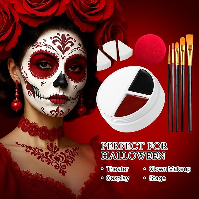Scary Clown Makeup Face & Body Paint Kit Professional Black White Red SFX Cream Bodypaint with 5 Brushes Sponge Applicators & Clown Nose Facepainting Set for Kids Adult Halloween Joker Vampire Zombie