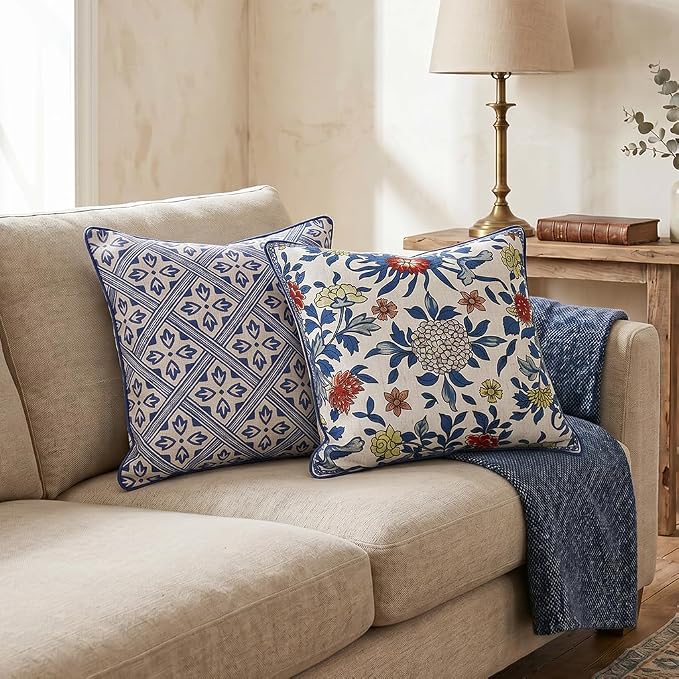patdrea Designer French Vintage Linen Throw Pillow Cover,18"x18"-Ivar A | Decorative Pillow Cover,Blue and White Floral Pattern,Pillow Case for Couch Living Room Bedroom Sofa Outdoor
