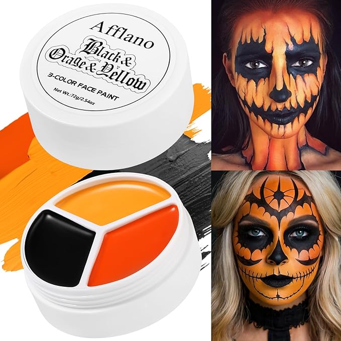 Black Yellow Orange Face Body Paint Pumpkin Halloween Makeup, CreamBlendable Facepaint Non-Toxic for Kids Adults Scarecrow Clown Tiger Lion Costume SFX Cosplay Bodypaint Looks Sport Colored Eye Black