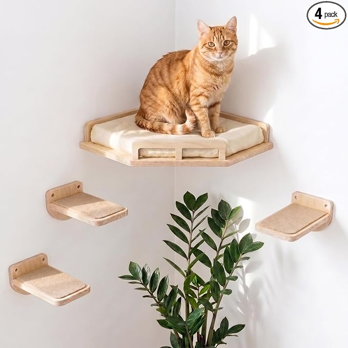 INICIO Cat Wall Shelves - Corner Shelf with Cushion and 3 Cat Wall Steps | Sturdy Cat Shelves for Wall - Stairs & Perch for Indoor Cats up to 15lbs - Natural Birch Wood for Safe Climbing and Playing