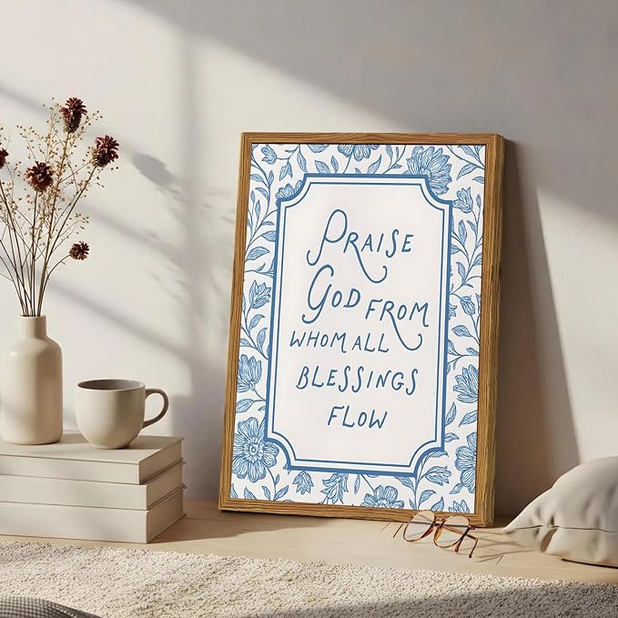Framed Christian Wall Art, Bible Verse Praise God From Whom All Blessings Flow Pictures Wall Decor, Blue Floral Scripture Paintings Canvas Prints Religious Home Decor for Prayer Living Room 16x24 inch
