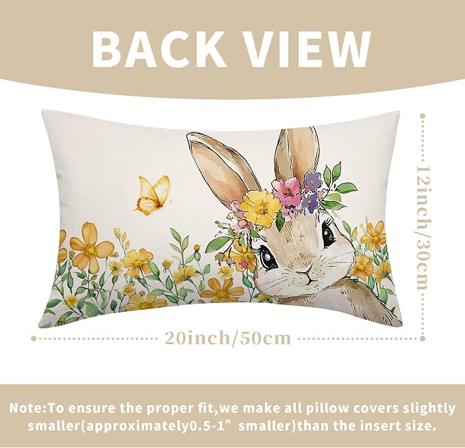 Spring Easter Bunny Lumbar Pillow Covers 12x20 Inch Set of 2 Watercolor Yellow Floral Leaf Rabbit Throw Pillow Cases Outdoor Linen Square Cushion Cover Farmhouse Decor for Bedroom Home Sofa Couch Bed