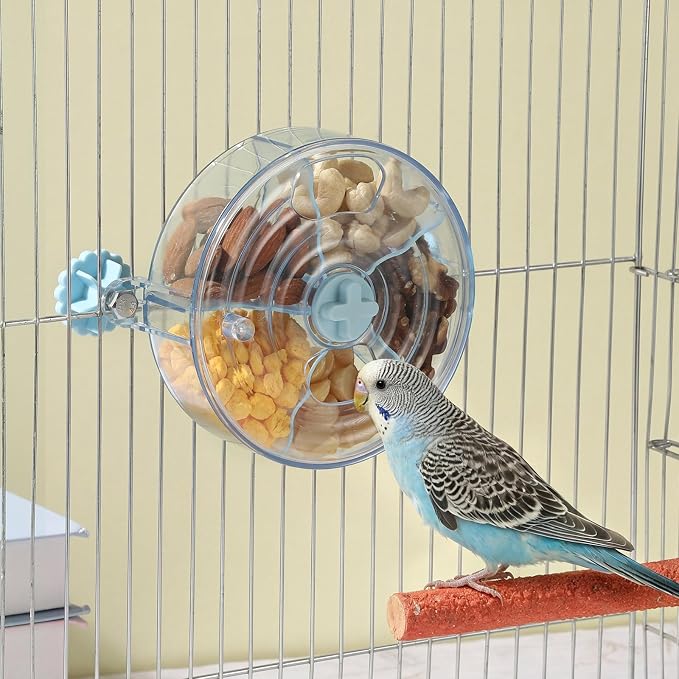 Bird Foraging Toy Interactive Slow Feeder with Rotating Treat Wheel Creative Enrichment Puzzle for Small & Medium Parrots Cockatiel Parakeet Conure - Blue