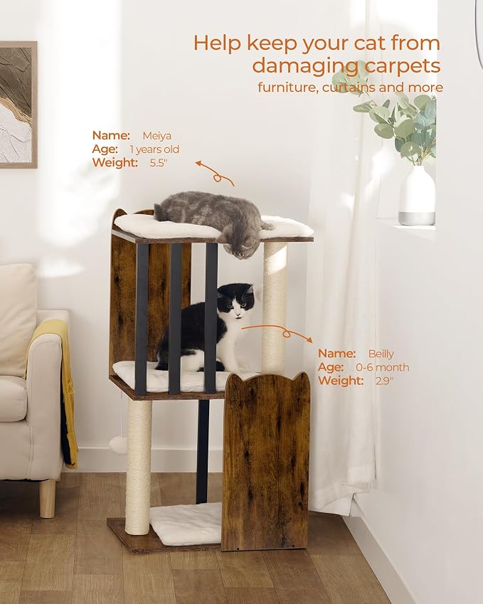 35.4in 3-Tier Modern Cat Tree Tower Condo, Cat Scratch Posts for Indoor Cats, Big Plate, Two Full Sisal Scratching Posts, Rustic Brown