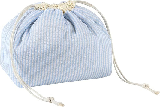 Cotton Quilted Seersucker Makeup Bag with Canvas Lining,Coquette Aesthetic Cute Travel Toiletry Bag,Drawstring Gift Bag for Women and Girls（Seersucker）