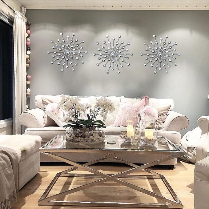 ZEXUIRU 3 Set Silver Starburst Wall Art for Home Decor Metal Bling Crystal Rhinestones Sunburst Wall Decor Sparkling Rhinestone Art Accent Silver - 13in