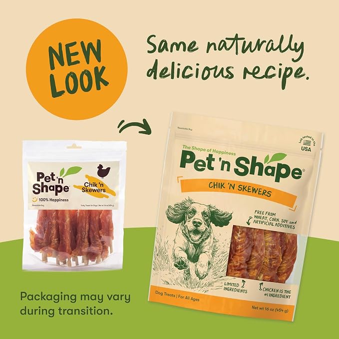 Pet 'n Shape Chik 'n Skewers - Chicken Wrapped Rawhide Chew Dog Treats - 1 Pound | Premium chicken breast, Limited ingredients, Wheat and soy free, Everyday reward, For all life stages, High-protein snack