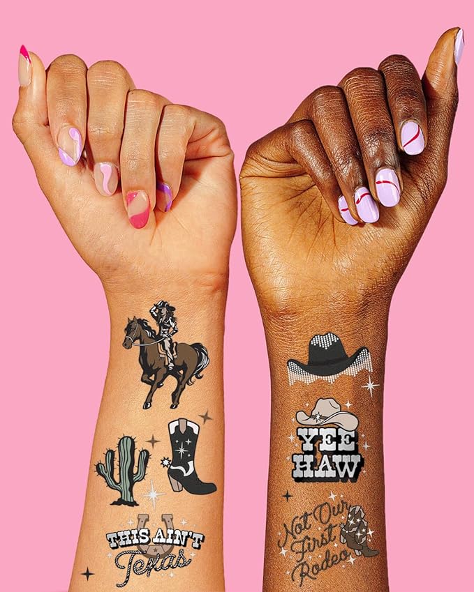 xo, Fetti Western Birthday Party Temporary Tattoos - 50 Silver Foil Pcs | Birthday Girl Accessory, Rodeo Cowgirl Bachelorette Party Decorations, Hoedown Accessory, Country Theme Party Supplies
