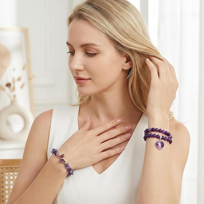 Healing Crystal Beaded Bracelet for Women Amethyst Gemstone Anxiety Stress Relief Charm Bracelet Butterfly Heart Charm Healing Stone Jewelry Gifts for Birthday Mothers Day Valentine