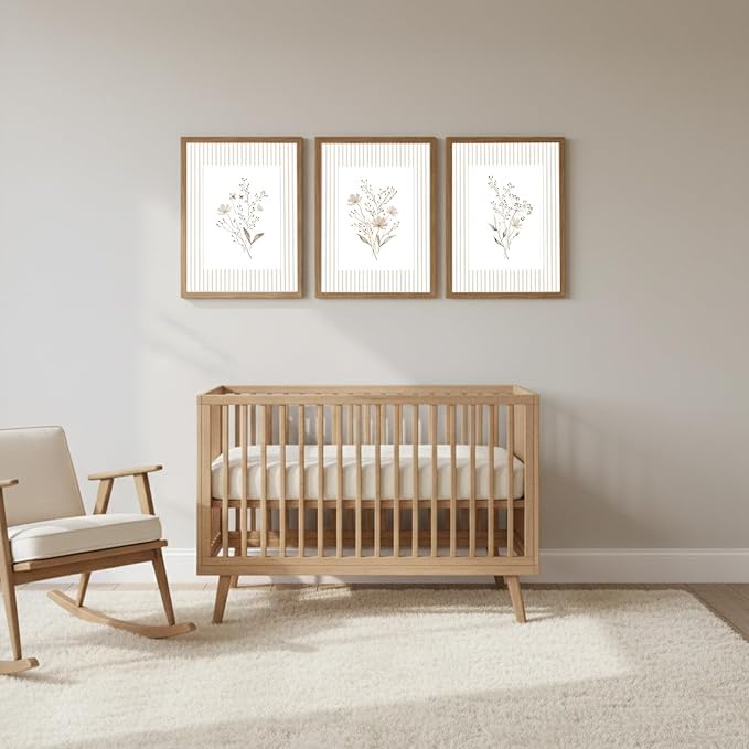 Neutral Wildflower Wall Art Set of 3, Vintage Flower Botanical Wall Decor Canvas Prints Pictures, Rustic Cottagecore Striped Floral Painting for Living Room Bedroom 12x16 Inch Wood Framed